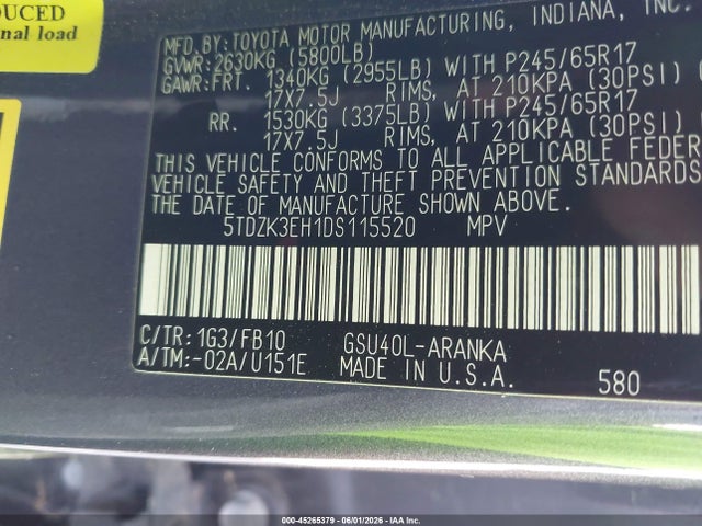 Aukcja sprzedaży 2013 Toyota Highlander Base V6, vin: 5TDZK3EH1DS115520, numer aukcji: 45265379