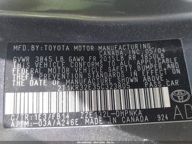 Aukcja sprzedaży 2005 Toyota Matrix Xr, vin: 2T1KR32E35C323805, numer aukcji: 45265398
