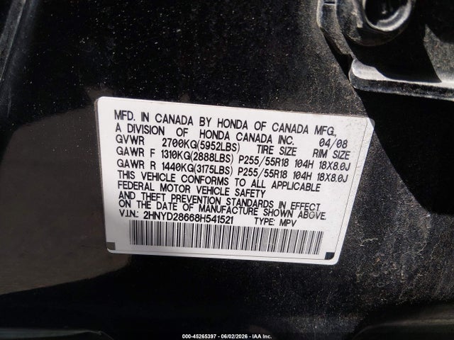 2008 Acura Mdx Technology Package მანქანა იყიდება აუქციონზე, vin: 2HNYD28668H541521, აუქციონის ნომერი: 45265397