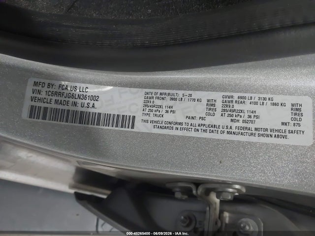 Продаж на аукціоні авто 2020 Ram 1500 Laramie  4x4 5'7 Box, vin: 1C6RRFJG6LN361002, номер лоту: 45265400