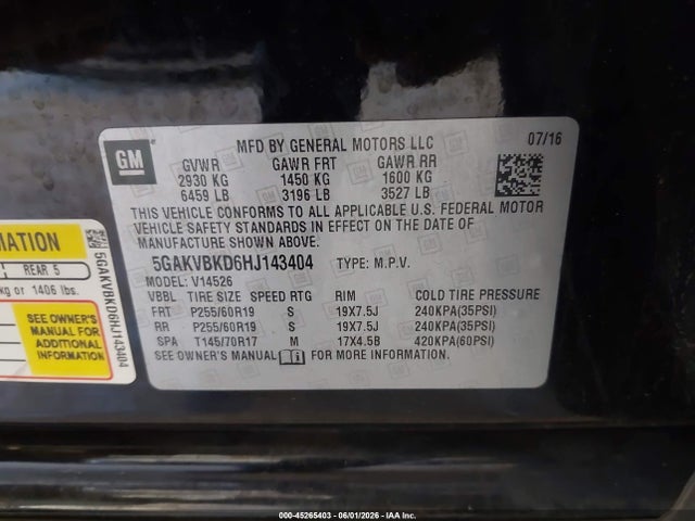 45265403 :رقم المزاد ، 5GAKVBKD6HJ143404 vin ، 2017 Buick Enclave Leather مزاد بيع