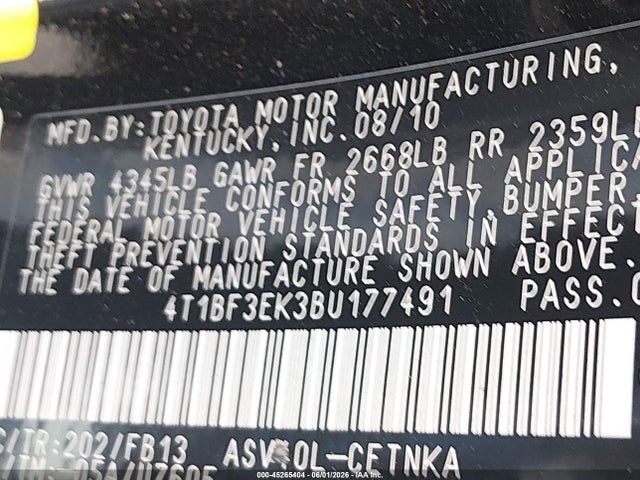 Aukcja sprzedaży 2011 Toyota Camry Le, vin: 4T1BF3EK3BU177491, numer aukcji: 45265404