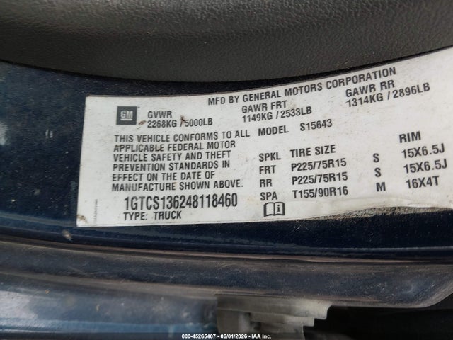 2004 Gmc Canyon Sle მანქანა იყიდება აუქციონზე, vin: 1GTCS136248118460, აუქციონის ნომერი: 45265407