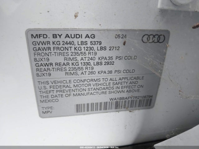 2024 Audi Q5 Premium Plus 40 Tfsi Quattro S Tronic მანქანა იყიდება აუქციონზე, vin: WA1BBAFY7R2108794, აუქციონის ნომერი: 45265413