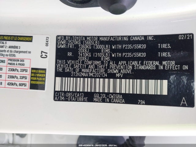 45265416 :رقم المزاد ، 2T2HZMAA1MC202134 vin ، 2021 Lexus Rx 350 مزاد بيع