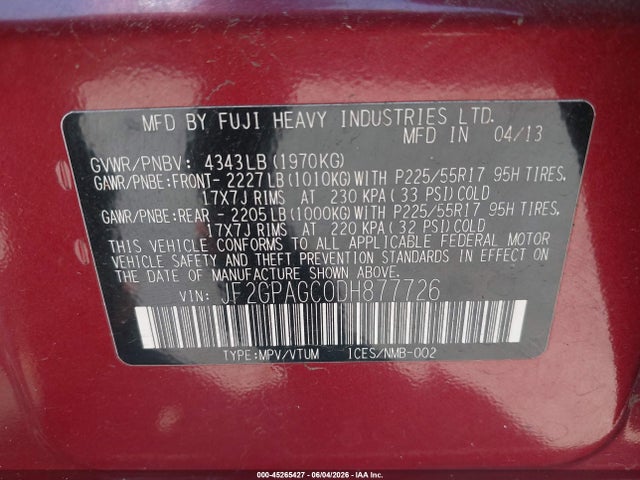 Продаж на аукціоні авто 2013 Subaru Xv Crosstrek 2.0i Limited, vin: JF2GPAGC0DH877726, номер лоту: 45265427