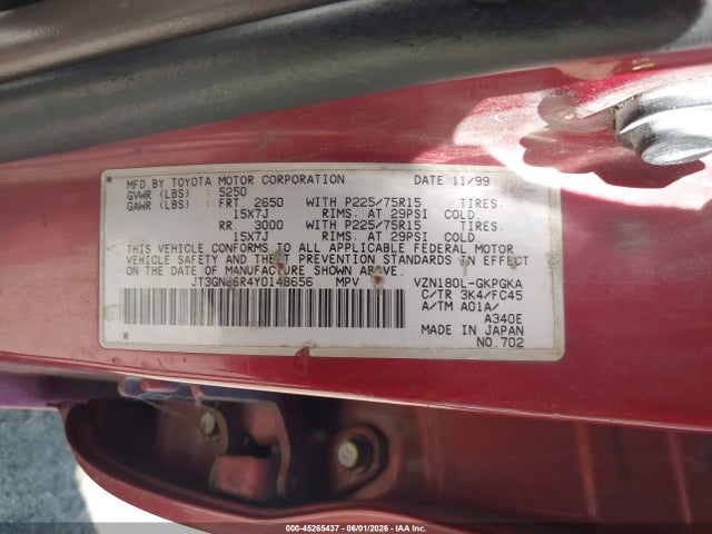 Aukcja sprzedaży 2000 Toyota 4runner Sr5 V6, vin: JT3GN86R4Y0148656, numer aukcji: 45265437