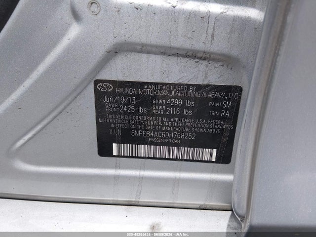 2013 Hyundai Sonata Gls მანქანა იყიდება აუქციონზე, vin: 5NPEB4AC6DH768252, აუქციონის ნომერი: 45265438