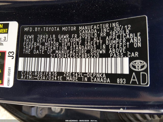 Aukcja sprzedaży 2012 Toyota Corolla Le, vin: 2T1BU4EE5CC885220, numer aukcji: 45265443