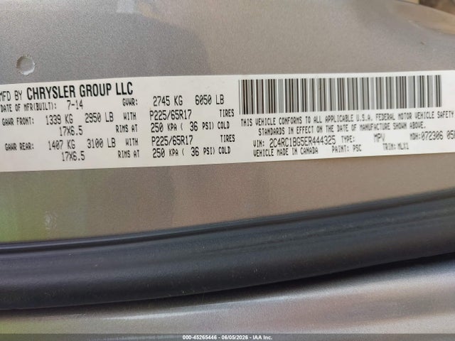 2014 Chrysler Town & Country Touring მანქანა იყიდება აუქციონზე, vin: 2C4RC1BG5ER444325, აუქციონის ნომერი: 45265446