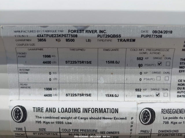 Продаж на аукціоні авто 2019 Forest River Puma 29qbss, vin: 4X4TPUE23KP077508, номер лоту: 45265460