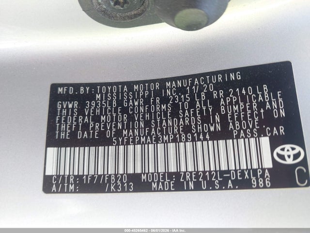 45265462 :رقم المزاد ، 5YFEPMAE3MP189144 vin ، 2021 Toyota Corolla Le مزاد بيع