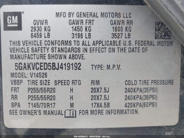 Aukcja sprzedaży 2011 Buick Enclave 2xl, vin: 5GAKVCED5BJ419192, numer aukcji: 45265473