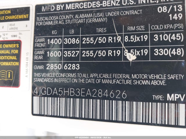 Aukcja sprzedaży 2014 Mercedes-benz Ml 350 4matic, vin: 4JGDA5HB3EA284626, numer aukcji: 45265484