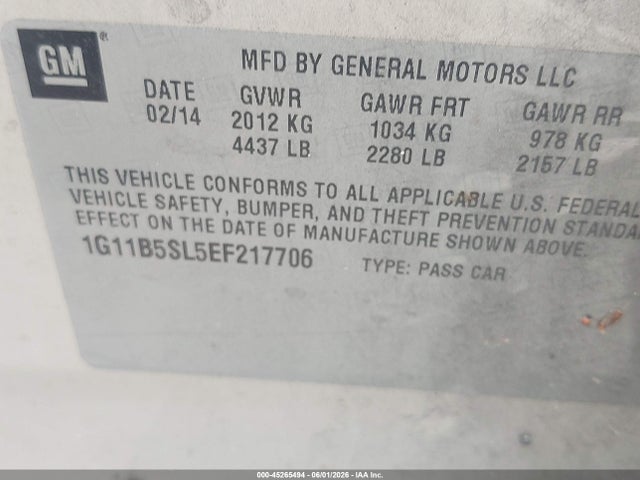 Aukcja sprzedaży 2014 Chevrolet Malibu 1ls, vin: 1G11B5SL5EF217706, numer aukcji: 45265494