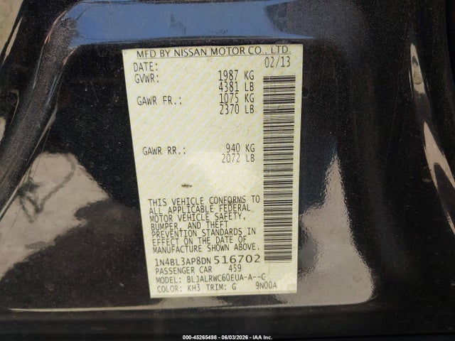 Продажа на аукционе авто 2013 Nissan Altima 3.5 S, vin: 1N4BL3AP8DN516702, номер лота: 45265498