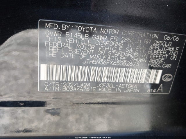 2006 Lexus Ls 430 მანქანა იყიდება აუქციონზე, vin: JTHBN36FX65052673, აუქციონის ნომერი: 45265507