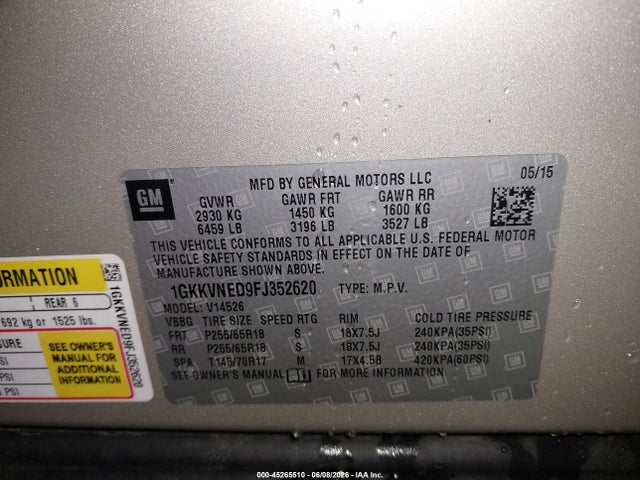 45265510 :رقم المزاد ، 1GKKVNED9FJ352620 vin ، 2015 Gmc Acadia Sle-1 مزاد بيع