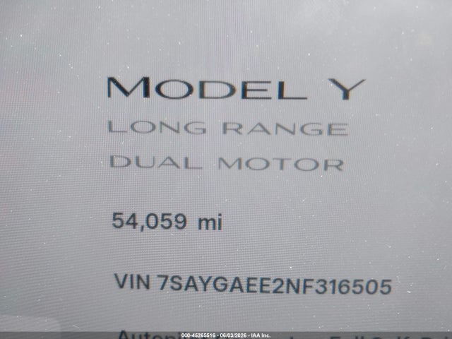2022 Tesla Model Y Long Range Dual Motor All-wheel Drive მანქანა იყიდება აუქციონზე, vin: 7SAYGAEE2NF316505, აუქციონის ნომერი: 45265516