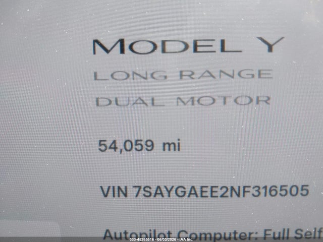 2022 Tesla Model Y Long Range Dual Motor All-wheel Drive მანქანა იყიდება აუქციონზე, vin: 7SAYGAEE2NF316505, აუქციონის ნომერი: 45265516