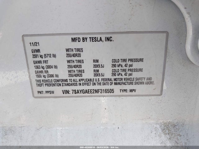 2022 Tesla Model Y Long Range Dual Motor All-wheel Drive მანქანა იყიდება აუქციონზე, vin: 7SAYGAEE2NF316505, აუქციონის ნომერი: 45265516
