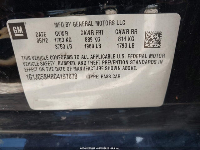 Aukcja sprzedaży 2012 Chevrolet Sonic 2lt, vin: 1G1JC5SH8C4197078, numer aukcji: 45265517
