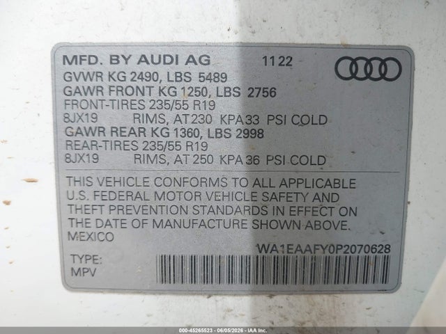Продажа на аукционе авто 2023 Audi Q5 Premium Plus 45 Tfsi S Line Quattro, vin: WA1EAAFY0P2070628, номер лота: 45265523