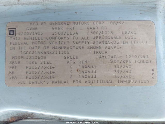 Продажа на аукционе авто 1992 Chevrolet S Truck S10, vin: 1GCCS14R6N8211105, номер лота: 45265540