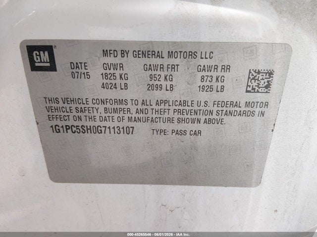 45265546 :رقم المزاد ، 1G1PC5SH0G7113107 vin ، 2016 Chevrolet Cruze Limited Ls Auto مزاد بيع