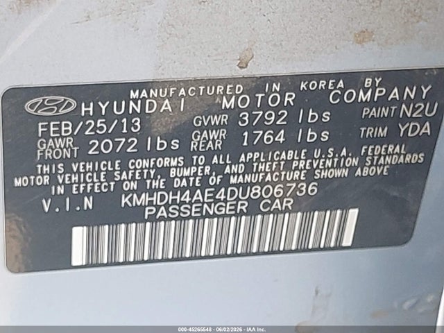 Aukcja sprzedaży 2013 Hyundai Elantra Gls, vin: KMHDH4AE4DU806736, numer aukcji: 45265548