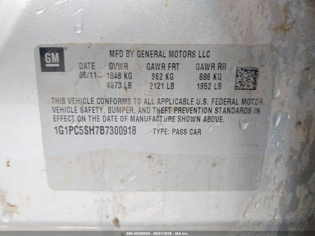 2011 Chevrolet Cruze Ls მანქანა იყიდება აუქციონზე, vin: 1G1PC5SH7B7300918, აუქციონის ნომერი: 45265558