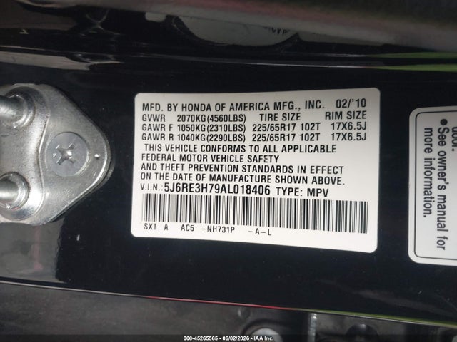 Aukcja sprzedaży 2010 Honda Cr-v Ex-l, vin: 5J6RE3H79AL018406, numer aukcji: 45265565