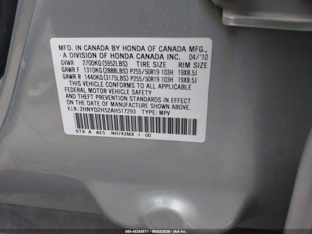 2010 Acura Mdx Advance Package მანქანა იყიდება აუქციონზე, vin: 2HNYD2H52AH517293, აუქციონის ნომერი: 45265571