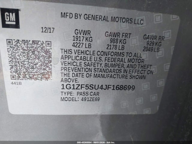 45265584 :رقم المزاد ، 1G1ZF5SU4JF168699 vin ، 2018 Chevrolet Malibu Hybrid مزاد بيع