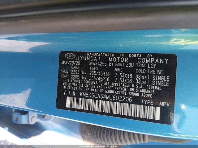 45265593 :رقم المزاد ، KM8K5CA54MU602206 vin ، 2021 Hyundai Kona Ultimate مزاد بيع
