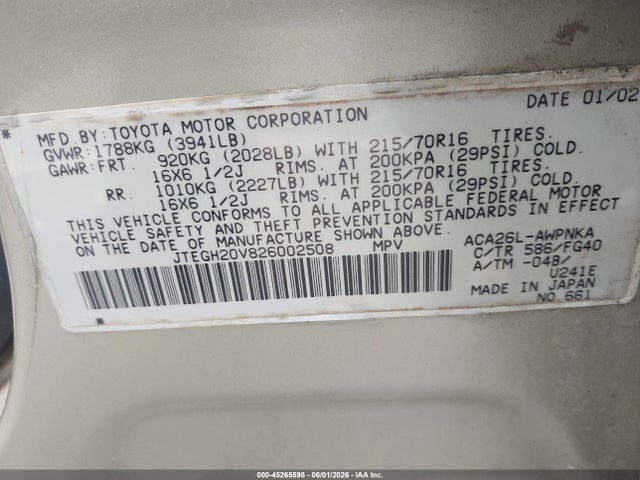 45265598 :رقم المزاد ، JTEGH20V826002508 vin ، 2002 Toyota Rav4 مزاد بيع