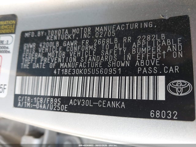 Aukcja sprzedaży 2005 Toyota Camry Le, vin: 4T1BE30K05U560951, numer aukcji: 45265603