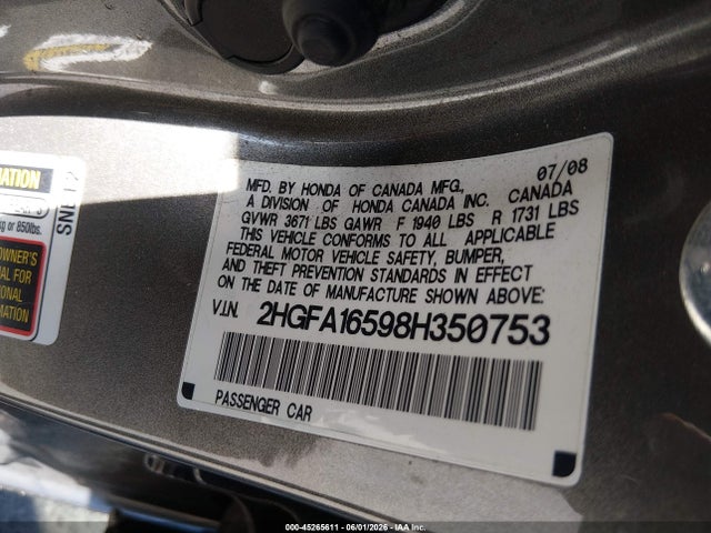 Продажа на аукционе авто 2008 Honda Civic Lx, vin: 2HGFA16598H350753, номер лота: 45265611