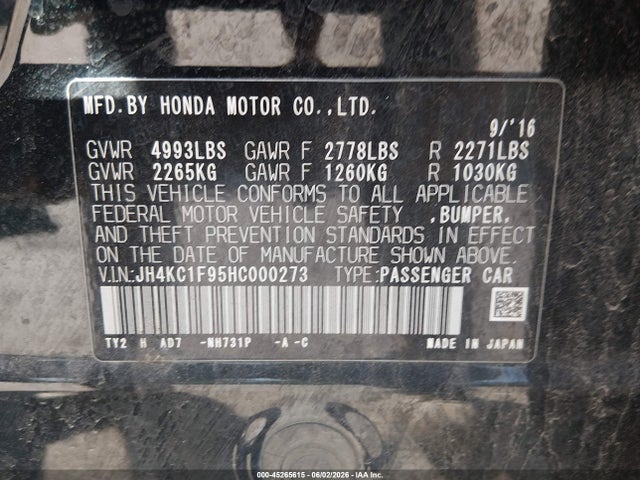 45265615 :رقم المزاد ، JH4KC1F95HC000273 vin ، 2017 Acura Rlx مزاد بيع