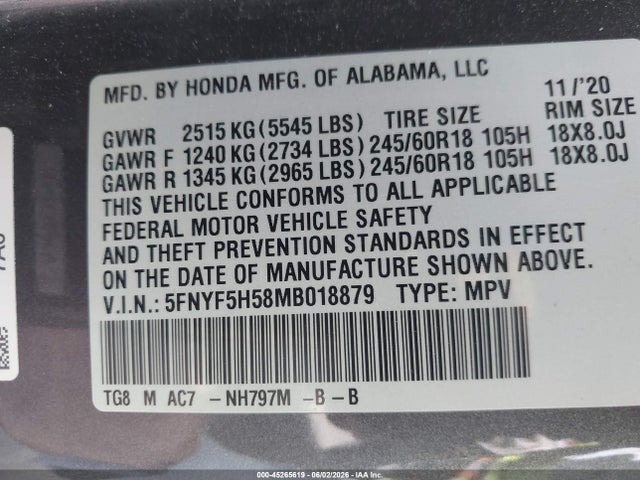 5FNYF5H58MB018879 Honda Pilot 2wd Ex-l