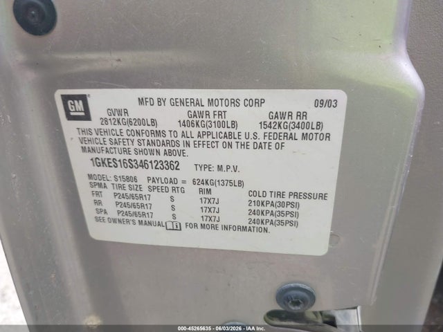 45265635 :رقم المزاد ، 1GKES16S346123362 vin ، 2004 Gmc Envoy Xl Sle مزاد بيع