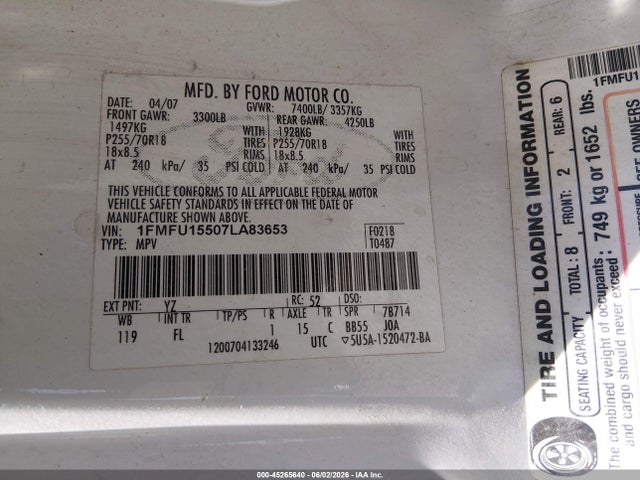Продаж на аукціоні авто 2007 Ford Expedition Xlt, vin: 1FMFU15507LA83653, номер лоту: 45265640