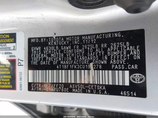Продажа на аукционе авто 2012 Toyota Camry Se, vin: 4T1BF1FK3CU198278, номер лота: 45265659
