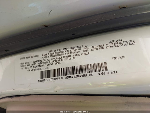 Aukcja sprzedaży 2005 Subaru Outback 3.0r L.l. Bean Edition, vin: 4S4BP86C054329426, numer aukcji: 45265664
