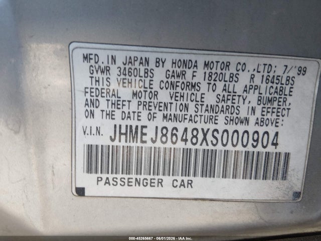 1999 Honda Civic Ex მანქანა იყიდება აუქციონზე, vin: JHMEJ8648XS000904, აუქციონის ნომერი: 45265667