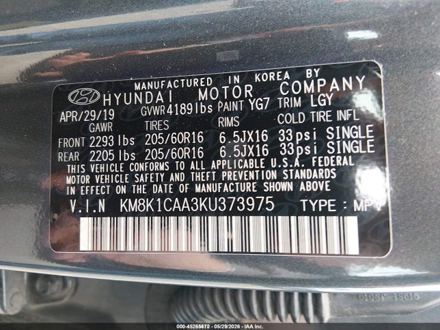 Aukcja sprzedaży 2019 Hyundai Kona Se, vin: KM8K1CAA3KU373975, numer aukcji: 45265672