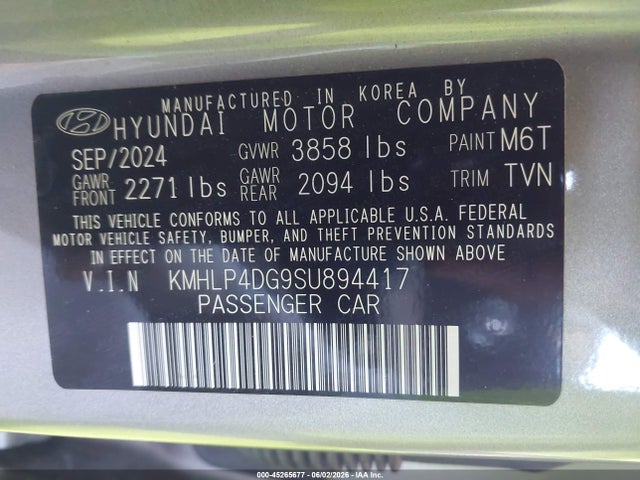 45265677 :رقم المزاد ، KMHLP4DG9SU894417 vin ، 2025 Hyundai Elantra Limited مزاد بيع