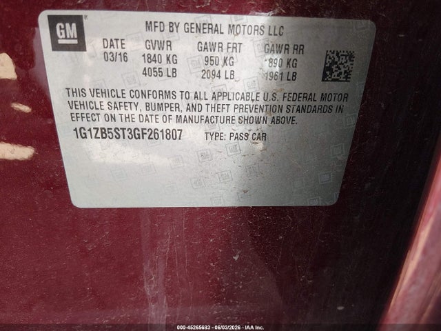 Продажа на аукционе авто 2016 Chevrolet Malibu Ls, vin: 1G1ZB5ST3GF261807, номер лота: 45265683