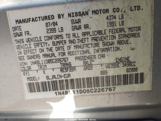 Aukcja sprzedaży 2005 Nissan Altima 3.5 Se, vin: 1N4BL11D05C226767, numer aukcji: 45265686