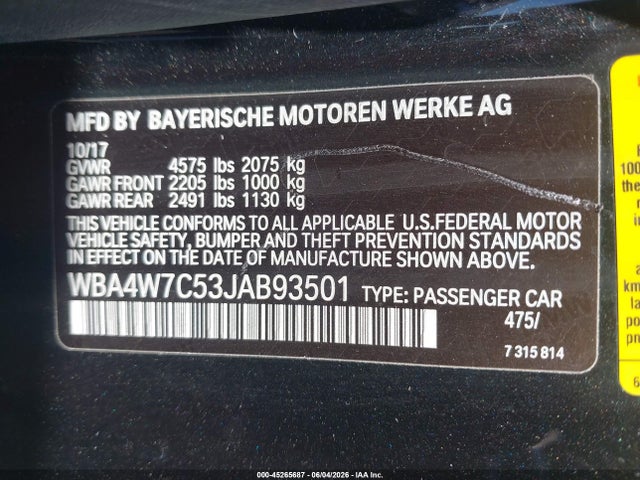 45265687 :رقم المزاد ، WBA4W7C53JAB93501 vin ، 2018 Bmw 440i مزاد بيع